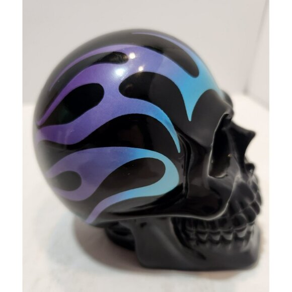 Flaming Skull Plastic Piggy Bank Blue Purple Black w/ Stopper Halloween Decor - Picture 9 of 15